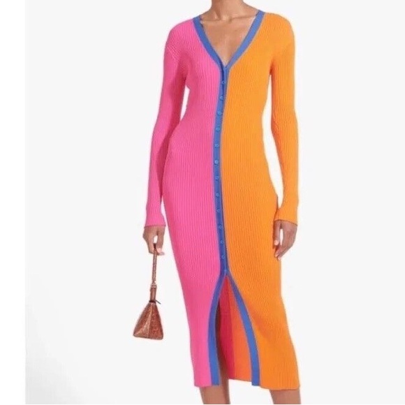 Staud x Birkenstock Pink and Orange Shoko Long Sleeve Midi Dress Medium - Picture 3 of 16